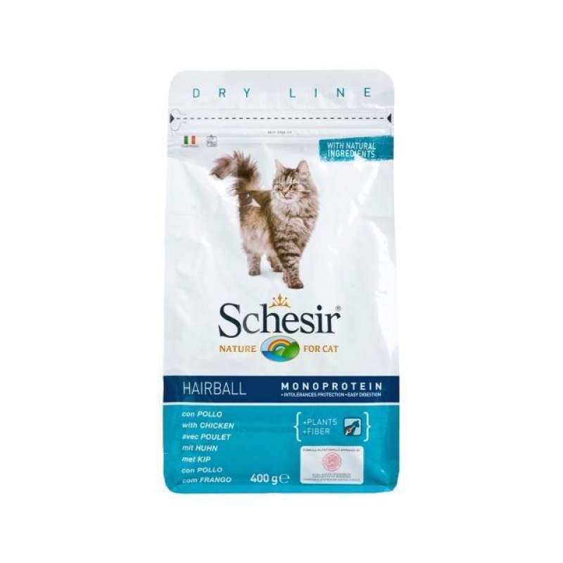 Schesir (Шезір) Cat Hairball - Сухий монопротеїновий корм з куркою для виведення клубків шерсті у котів з довгою шерстю (400 г) в E-ZOO