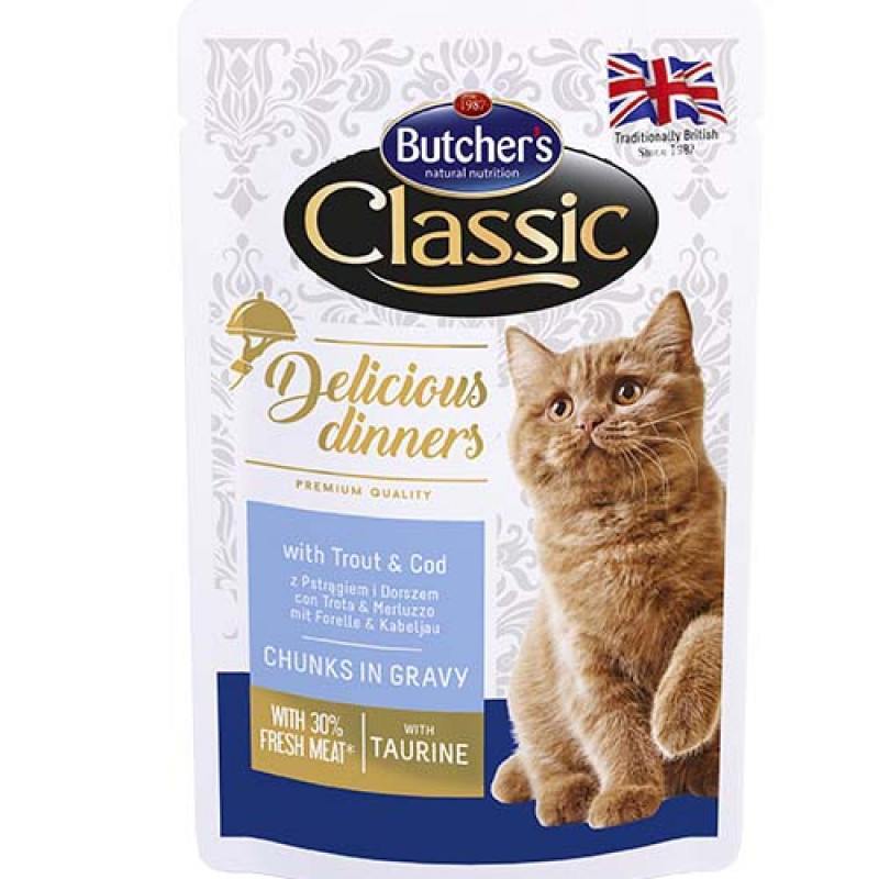 Butcher`s (Бутчерс) Cat Delicious - Консервированный корм с форелью и треской для котов (100 г) в E-ZOO