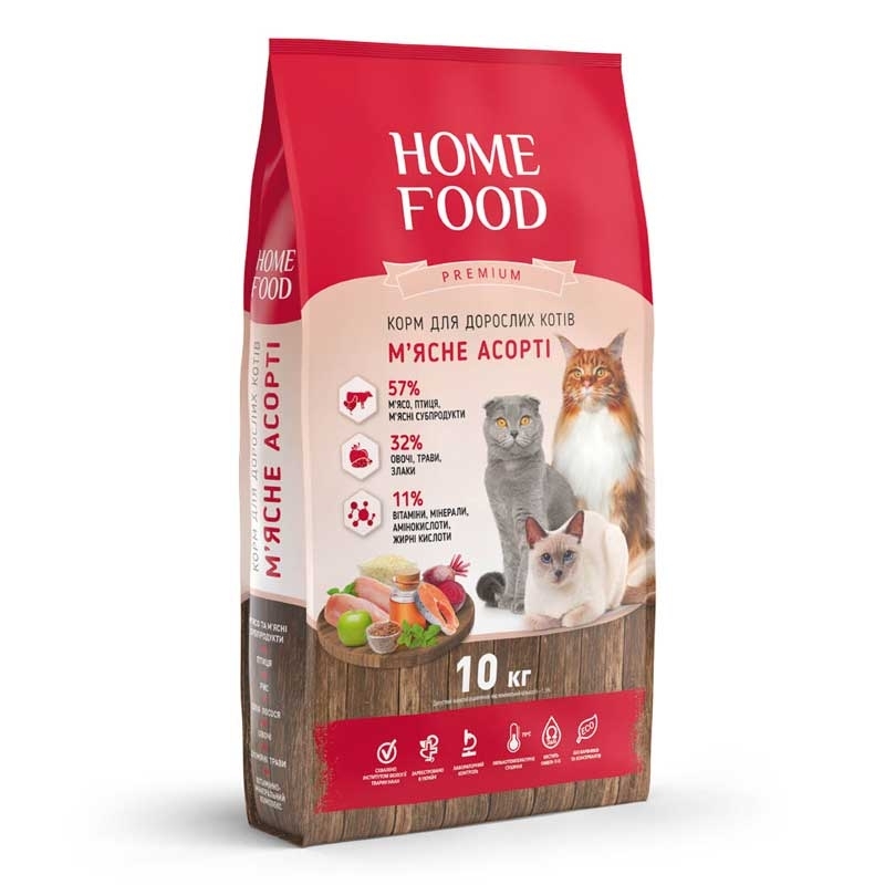 Home Food (Хоум Фуд) Полнорационный сухой корм Мясное Ассорти для взрослых котов всех пород (10 кг) в E-ZOO