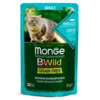 Monge (Монж) BWild Grain Free Wet Cod Fish Adult Cat - Вологий беззерновий корм із тріски з креветками та овочами для дорослих кішок (шматочки в соусі) (85 г) в E-ZOO