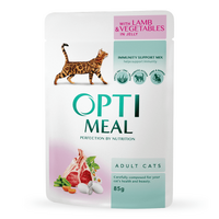 OptiMeal (ОптиМил) With Lamb&Vegetables in Jelly – Консервированный корм с ягнёнком и овощами для кошек (кусочки в желе) (85 г) в E-ZOO