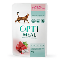 OptiMeal (ОптіМіл) Adult Cats Veal in Cranberry sauce – Консервований корм з телятиною у журавлинному соусі для дорослих котів (шматочки у соусі) (85 г) в E-ZOO