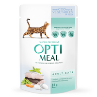 OptiMeal (ОптиМил) Adult Cats Cod Fish & Vegetable in jelly – Консервированный корм с треской и овощами для взрослых котов (кусочки в желе) (12х85 г (box)) в E-ZOO