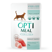 OptiMeal (ОптиМил) Adult Cats Sterilised Turkey & Chicken fillet – Консервированный корм с индейкой и куриным филе для стерилизованных кошек и кастрированных котов (кусочки в желе) (3+1 (85 г)) в E-ZOO