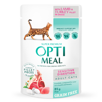 OptiMeal (ОптіМіл) Adult Cats Sensitive Lamb & Turkey fillet – Беззерновий вологий корм з ягням та індичкою для котів із чутливим травленням (шматочки в соусі) (12х85 г (box)) в E-ZOO