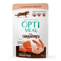 OptiMeal (ОптиМил) Adult Cats Grain Free Salmon & Shrimps – Беззерновой влажный корм с лососем и креветками для котов (кусочки в соусе) (85 г) в E-ZOO