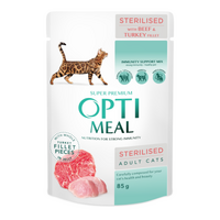 OptiMeal (ОптіМіл) Adult Cats Sterilised Beef & Turkey Fillet in Jelly - Консервований корм із яловичиною та філе індички для стерилізованих котів (шматочки в желе) (85 г) в E-ZOO