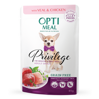 OptiMeal (ОптиМил) Privilege Grain Free Adult Dog Veal & Chicken Fillet – Беззерновой влажный корм с телятиной и куриным филе для собак малых пород (кусочки в соусе) в E-ZOO