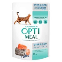 OptiMeal (ОптіМіл) Sterilised Cat with Salmon&Wild Blueberries in Jelly - Консервований корм з лососем та чорницею для стерилізованих котів та кішок (шматочки в желе) (85 г) в E-ZOO