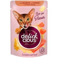Delickcious - Полнорационный консервированный корм Полоски с лососем и сыром в крем-супе для взрослых котов (85 г) в E-ZOO