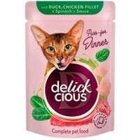 Delickcious - Полнорационный консервированный корм Кусочки с уткой, куриным филе и шпинатом в соусе для взрослых котов (85 г) в E-ZOO