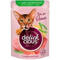 Delickcious - Полнорационный консервированный корм Кусочки с ягненком, куриным филе и спаржевой фасолью в желе для взрослых котов (85 г) в E-ZOO