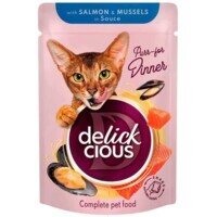 Delickcious - Полнорационный консервированный корм Кусочки с лососем и мидиями в соусе для взрослых котов (85 г) в E-ZOO