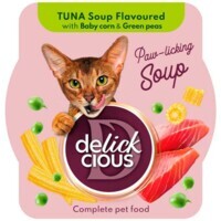 Delickcious - Полнорационный влажный корм Суп из тунца с мини-кукурузой и зеленым горошком для взрослых котов (80 г) в E-ZOO