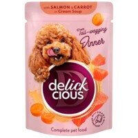 Delickcious - Полнорационный консервированный корм Полоски с лососем и морковью в крем-супе для взрослых собак (85 г) в E-ZOO