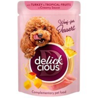 Delickcious - Дополнительный консервированный корм Хлопья с индейкой и тропическими фруктами в сливочном соусе для взрослых собак (80 г) в E-ZOO