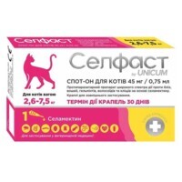 Unicum Селфаст - Противопаразитарные капли на холку от блох, клещей и гельминтов для кошек (2,6-7,5 кг) в E-ZOO