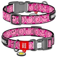 Collar WAUDOG Nylon - Нашийник нейлоновий з малюнком "Смайли на рожевому" і QR паспортом для собак (М (2х28-40 см)) в E-ZOO