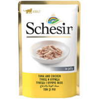 Schesir Tuna & Chicken - Консервований корм з м'ясом тунця і курячим філе для дорослих котів (шматочки в желе) (85 г) в E-ZOO